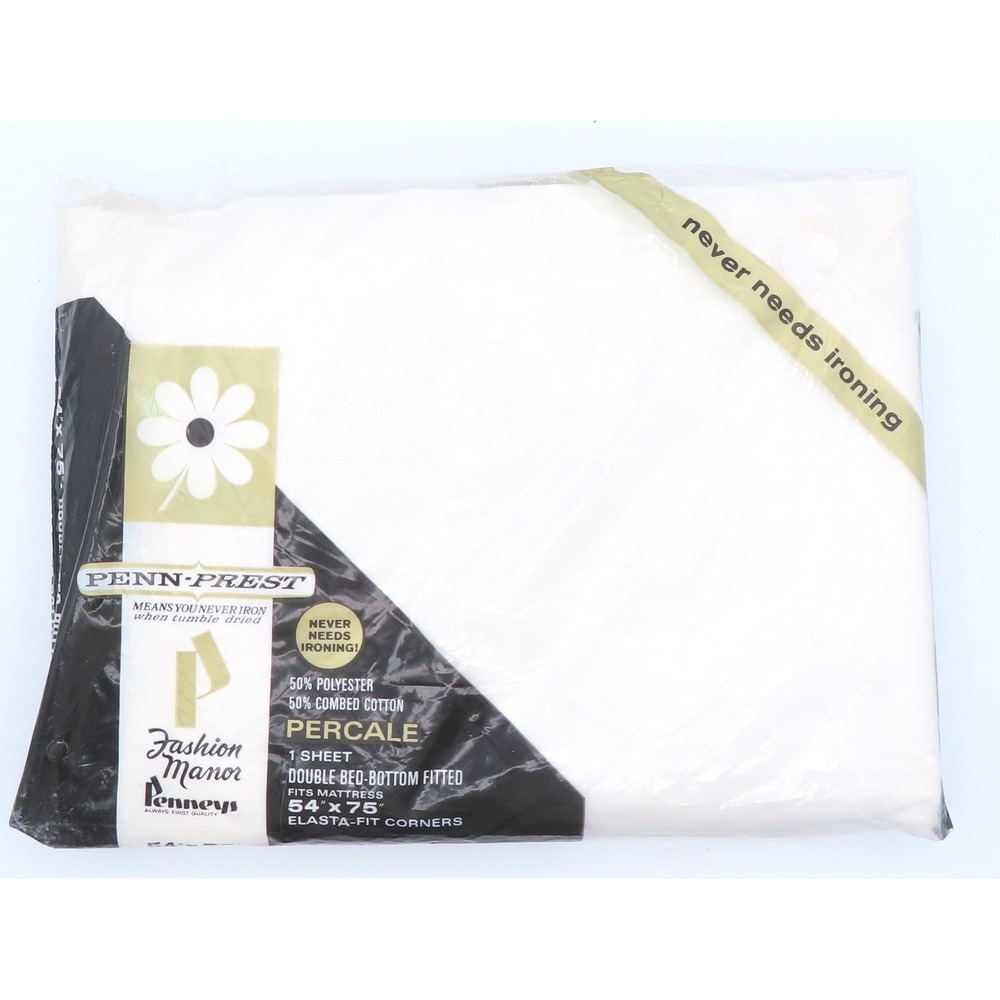 JCPenney Fashion Manor PennPrest White Double Fitted Sheet Vintage Percale 54x75